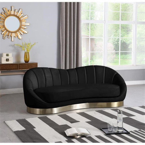 Velvet Upholstered Sofa, Soft Black Velvet, Gold Stainless Steel Base, Unique Shell Shape, 91.5" W x 40" D x 32" H, Black