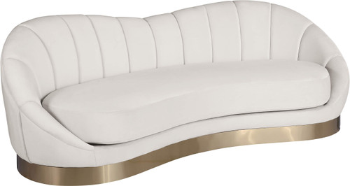 Velvet Upholstered Shell Shaped Chair with Brushed Gold Stainless Steel Base, 90" W x 40.75" D x 32" H, Cream