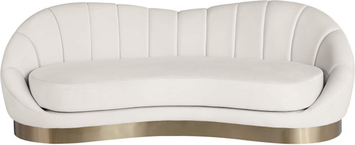 Velvet Upholstered Shell Shaped Chair with Brushed Gold Stainless Steel Base, 90" W x 40.75" D x 32" H, Cream