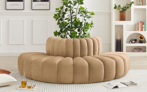 Modular Sofa with Soft Camel Velvet, Deep Channel Tufting, Modular Design, 90" W x 45" D x 30" H, Camel