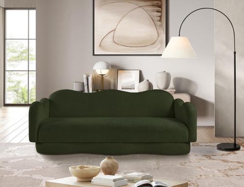 Sofa with Soft Green Faux Shearling Teddy Fabric, Curvy Back & Base, 82" W x 34" D x 30" H, Green