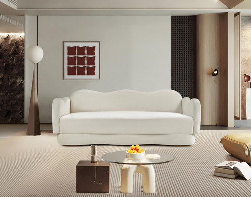 Sofa with Ultra Luxe Cream Velvet, Curvy Back & Base, Solid Wood Frame, 82" W x 34" D x 30" H, Cream