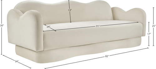 Sofa with Ultra Luxe Cream Velvet, Curvy Back & Base, Solid Wood Frame, 82" W x 34" D x 30" H, Cream