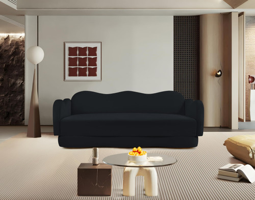 Sofa with Ultra Luxe Black Velvet, Curvy Back & Base, Solid Wood Frame, 82" W x 34" D x 30" H, Black