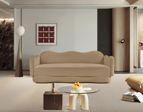 Sofa with Ultra Luxe Camel Velvet, Curvy Back & Base, Solid Wood Frame, 82" W x 34" D x 30" H, Camel