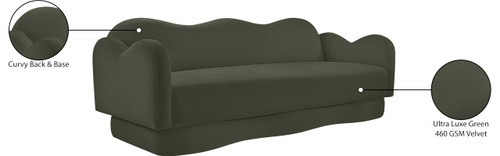 Sofa with Ultra Luxe Green Velvet, Curvy Back & Base, Solid Wood Frame, 82" W x 34" D x 30" H, Green