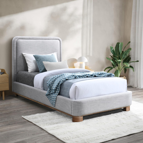 B1201Grey-T Nolita Collection Modern | Contemporary Twin Bed with Soft Light Grey Durable Linen Textured Fabric, Solid Wood Natural Finish, 43" W x 83" D x 47.5" H, Grey, Twin