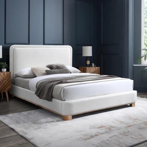 B1201Cream-F Nolita Collection Modern | Contemporary Full Bed with Soft Cream Durable Linen Textured Fabric, Solid Wood Natural Finish, 59" W x 83" D x 47.5" H, Cream, Full