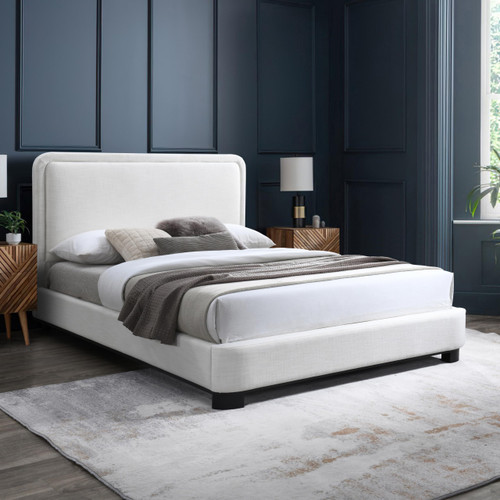 B1202Cream-F Nolita Collection Modern | Contemporary Full Bed with Soft Cream Durable Linen Textured Fabric, Solid Wood Black Finish, 59" W x 83" D x 47.5" H, Cream, Full