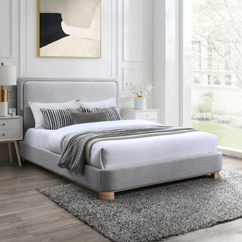 B1201Grey-K Nolita Collection Modern | Contemporary King Bed with Soft Light Grey Durable Linen Textured Fabric, Solid Wood Natural Finish, 80.5" W x 87.5" D x 47.5" H, Grey, King