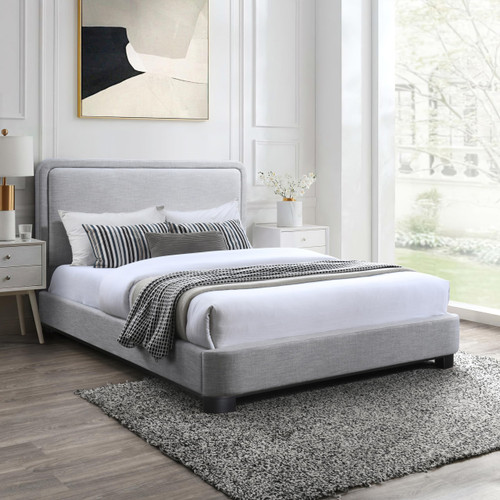 B1202Grey-K Nolita Collection Modern | Contemporary King Bed with Soft Light Grey Durable Linen Textured Fabric, Solid Wood Black Finish, 80.5" W x 87.5" D x 47.5" H, Grey, King