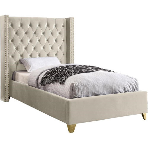 Barolo Collection Modern | Contemporary Velvet Upholstered Wing Designed Bed with Deep Detailed Tufting, Gold Nailhead Trim and Legs, Twin, Cream