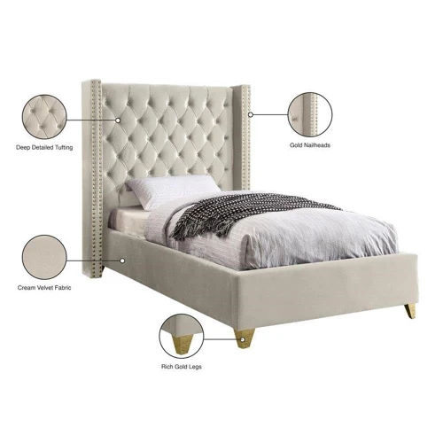 Barolo Collection Modern | Contemporary Velvet Upholstered Wing Designed Bed with Deep Detailed Tufting, Gold Nailhead Trim and Legs, Twin, Cream