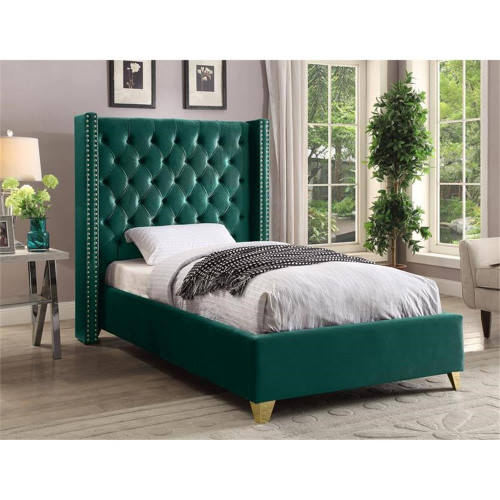 Barolo Collection Modern | Contemporary Velvet Upholstered Wing Designed Bed with Deep Detailed Tufting, Gold Nailhead Trim and Legs, Twin, Green