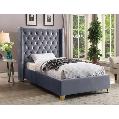 Barolo Collection Modern | Contemporary Velvet Upholstered Wing Designed Bed with Deep Detailed Tufting, Gold Nailhead Trim and Legs, Twin, Grey