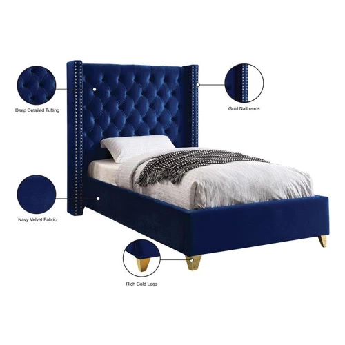 Barolo Collection Modern | Contemporary Velvet Upholstered Wing Designed Bed with Deep Detailed Tufting, Gold Nailhead Trim and Legs, Twin, Navy
