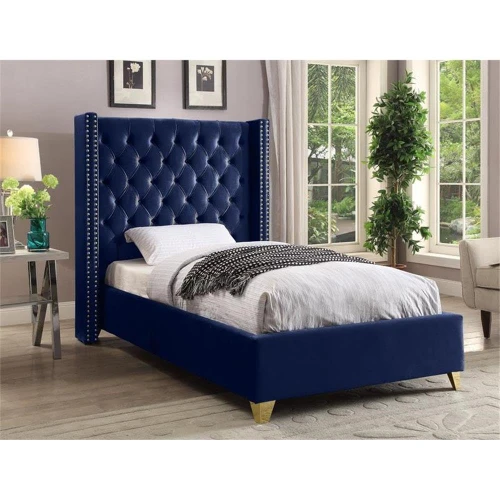 Barolo Collection Modern | Contemporary Velvet Upholstered Wing Designed Bed with Deep Detailed Tufting, Gold Nailhead Trim and Legs, Twin, Navy
