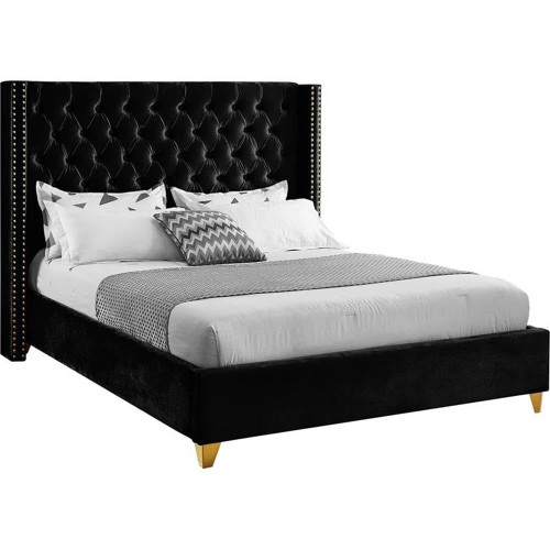 Barolo Collection Modern | Contemporary Velvet Upholstered Wing Designed Bed with Deep Detailed Tufting, Gold Nailhead Trim and Legs, Full, Black