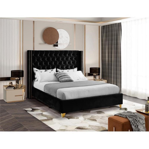 Barolo Collection Modern | Contemporary Velvet Upholstered Wing Designed Bed with Deep Detailed Tufting, Gold Nailhead Trim and Legs, Full, Black