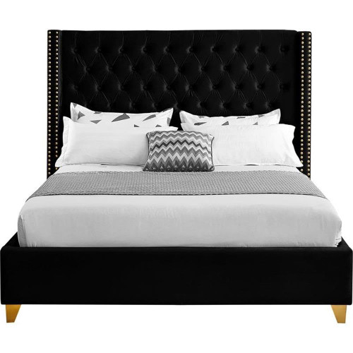 Barolo Collection Modern | Contemporary Velvet Upholstered Wing Designed Bed with Deep Detailed Tufting, Gold Nailhead Trim and Legs, Full, Black