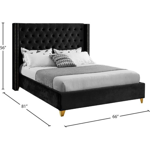 Barolo Collection Modern | Contemporary Velvet Upholstered Wing Designed Bed with Deep Detailed Tufting, Gold Nailhead Trim and Legs, Full, Black