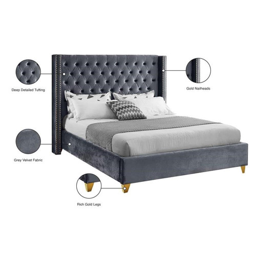 Barolo Collection Modern | Contemporary Velvet Upholstered Wing Designed Bed with Deep Detailed Tufting, Gold Nailhead Trim and Legs, Full, Grey