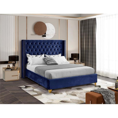 Barolo Collection Modern | Contemporary Velvet Upholstered Wing Designed Bed with Deep Detailed Tufting, Gold Nailhead Trim and Legs, Full, Navy