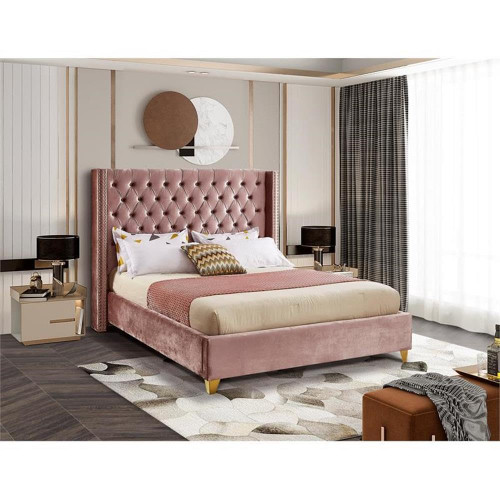 Barolo Collection Modern | Contemporary Velvet Upholstered Wing Designed Bed with Deep Detailed Tufting, Gold Nailhead Trim and Legs, Full, Pink