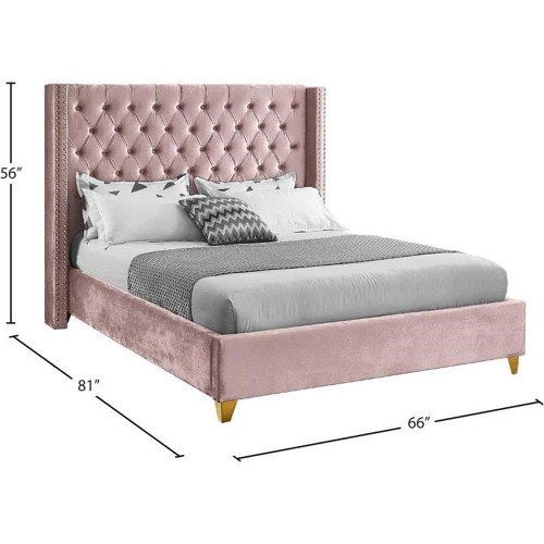 Barolo Collection Modern | Contemporary Velvet Upholstered Wing Designed Bed with Deep Detailed Tufting, Gold Nailhead Trim and Legs, Full, Pink
