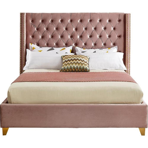 Barolo Collection Modern | Contemporary Velvet Upholstered Wing Designed Bed with Deep Detailed Tufting, Gold Nailhead Trim and Legs, Full, Pink