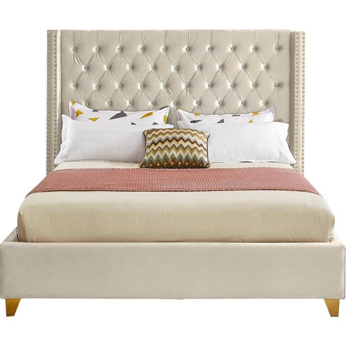 Barolo Collection Modern | Contemporary Velvet Upholstered Wing Designed Bed with Deep Detailed Tufting, Gold Nailhead Trim and Legs, Full, Cream