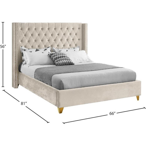 Barolo Collection Modern | Contemporary Velvet Upholstered Wing Designed Bed with Deep Detailed Tufting, Gold Nailhead Trim and Legs, Full, Cream