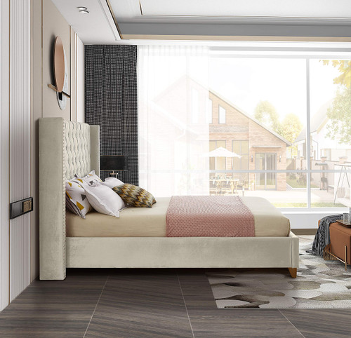 Barolo Collection Modern | Contemporary Velvet Upholstered Wing Designed Bed with Deep Detailed Tufting, Gold Nailhead Trim and Legs, Queen, Cream