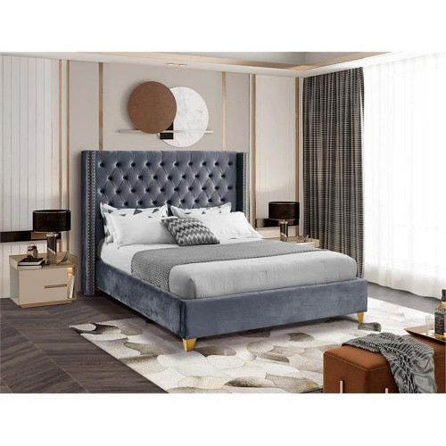 Barolo Collection Modern | Contemporary Velvet Upholstered Wing Designed Bed with Deep Detailed Tufting, Gold Nailhead Trim and Legs, Queen, Grey