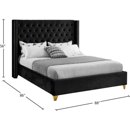 Barolo Collection Modern | Contemporary Velvet Upholstered Wing Designed Bed with Deep Detailed Tufting, Gold Nailhead Trim and Legs, King, Black
