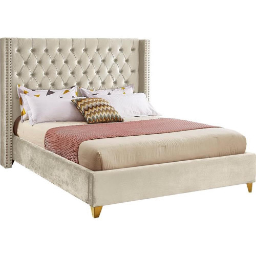 Barolo Collection Modern | Contemporary Velvet Upholstered Wing Designed Bed with Deep Detailed Tufting, Gold Nailhead Trim and Legs, King, Cream