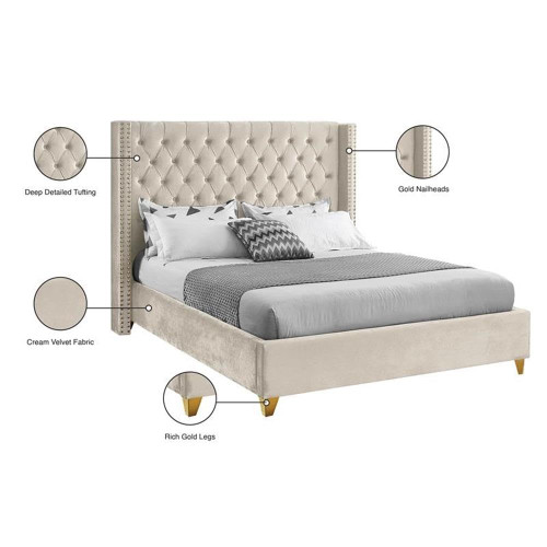 Barolo Collection Modern | Contemporary Velvet Upholstered Wing Designed Bed with Deep Detailed Tufting, Gold Nailhead Trim and Legs, King, Cream