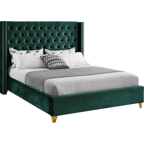 Barolo Collection Modern | Contemporary Velvet Upholstered Wing Designed Bed with Deep Detailed Tufting, Gold Nailhead Trim and Legs, King, Green