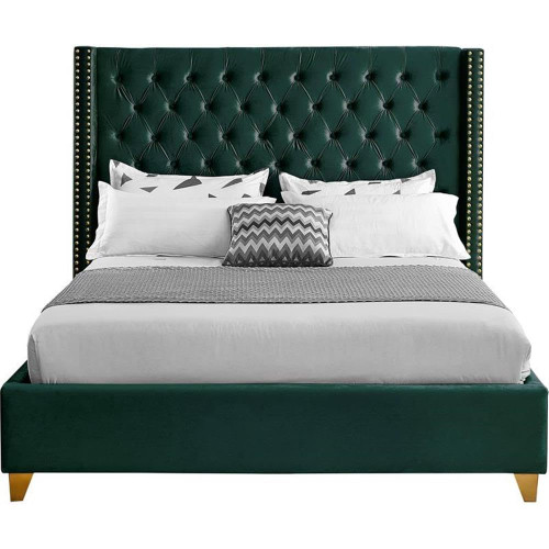 Barolo Collection Modern | Contemporary Velvet Upholstered Wing Designed Bed with Deep Detailed Tufting, Gold Nailhead Trim and Legs, King, Green