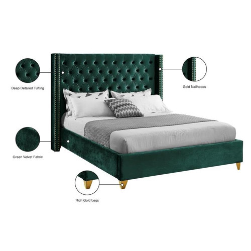 Barolo Collection Modern | Contemporary Velvet Upholstered Wing Designed Bed with Deep Detailed Tufting, Gold Nailhead Trim and Legs, King, Green