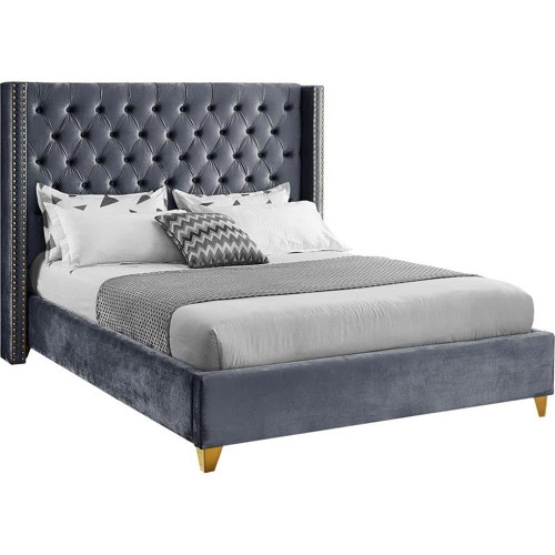 Barolo Collection Modern | Contemporary Velvet Upholstered Wing Designed Bed with Deep Detailed Tufting, Gold Nailhead Trim and Legs, King, Grey