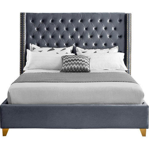 Barolo Collection Modern | Contemporary Velvet Upholstered Wing Designed Bed with Deep Detailed Tufting, Gold Nailhead Trim and Legs, King, Grey