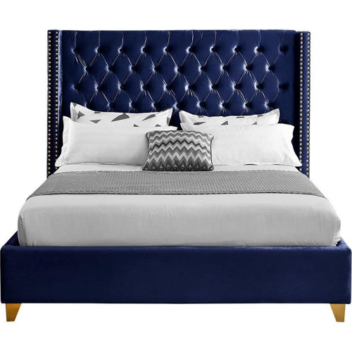 Barolo Collection Modern | Contemporary Velvet Upholstered Wing Designed Bed with Deep Detailed Tufting, Gold Nailhead Trim and Legs, King, Navy