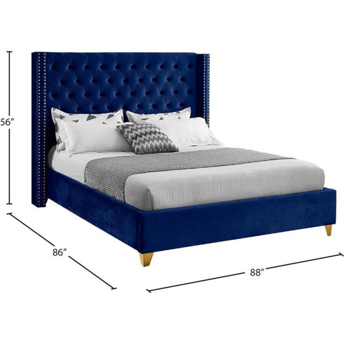 Barolo Collection Modern | Contemporary Velvet Upholstered Wing Designed Bed with Deep Detailed Tufting, Gold Nailhead Trim and Legs, King, Navy