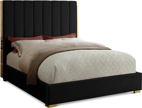 Becca Collection Modern | Contemporary Velvet Upholstered Bed with Deep Channel Tufting and Polished Gold Metal Frame, Black, Full