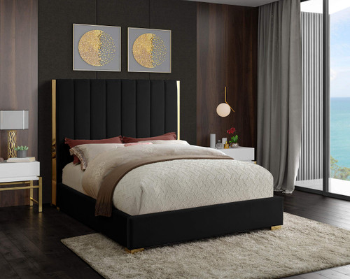 Becca Collection Modern | Contemporary Velvet Upholstered Bed with Deep Channel Tufting and Polished Gold Metal Frame, Black, Full