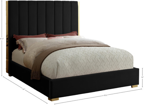 Becca Collection Modern | Contemporary Velvet Upholstered Bed with Deep Channel Tufting and Polished Gold Metal Frame, Black, Full