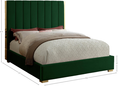 Becca Collection Modern | Contemporary Velvet Upholstered Bed with Deep Channel Tufting and Polished Gold Metal Frame, Green, Full