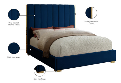 BeccaNavy-F Becca Collection Modern | Contemporary Navy Velvet Bed with Channel Tufting and Polished Gold Metal Frame, 63.5" W x 81" D x 61.5" H, Navy, Full