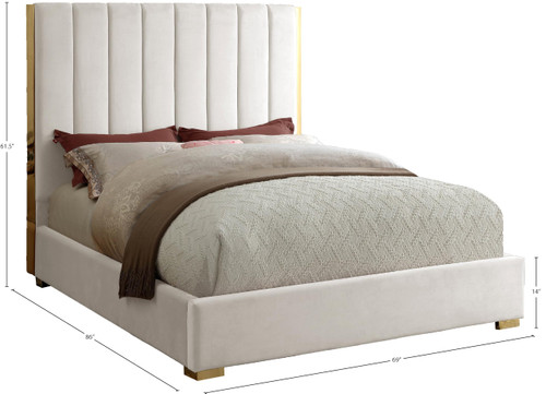 Becca Collection Modern | Contemporary Velvet Upholstered Bed with Deep Channel Tufting and Polished Gold Metal Frame, Cream, Queen